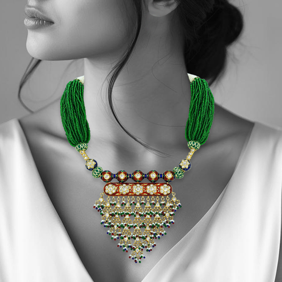 Green Beaded Necklace with Polki and Multicolour Fringe